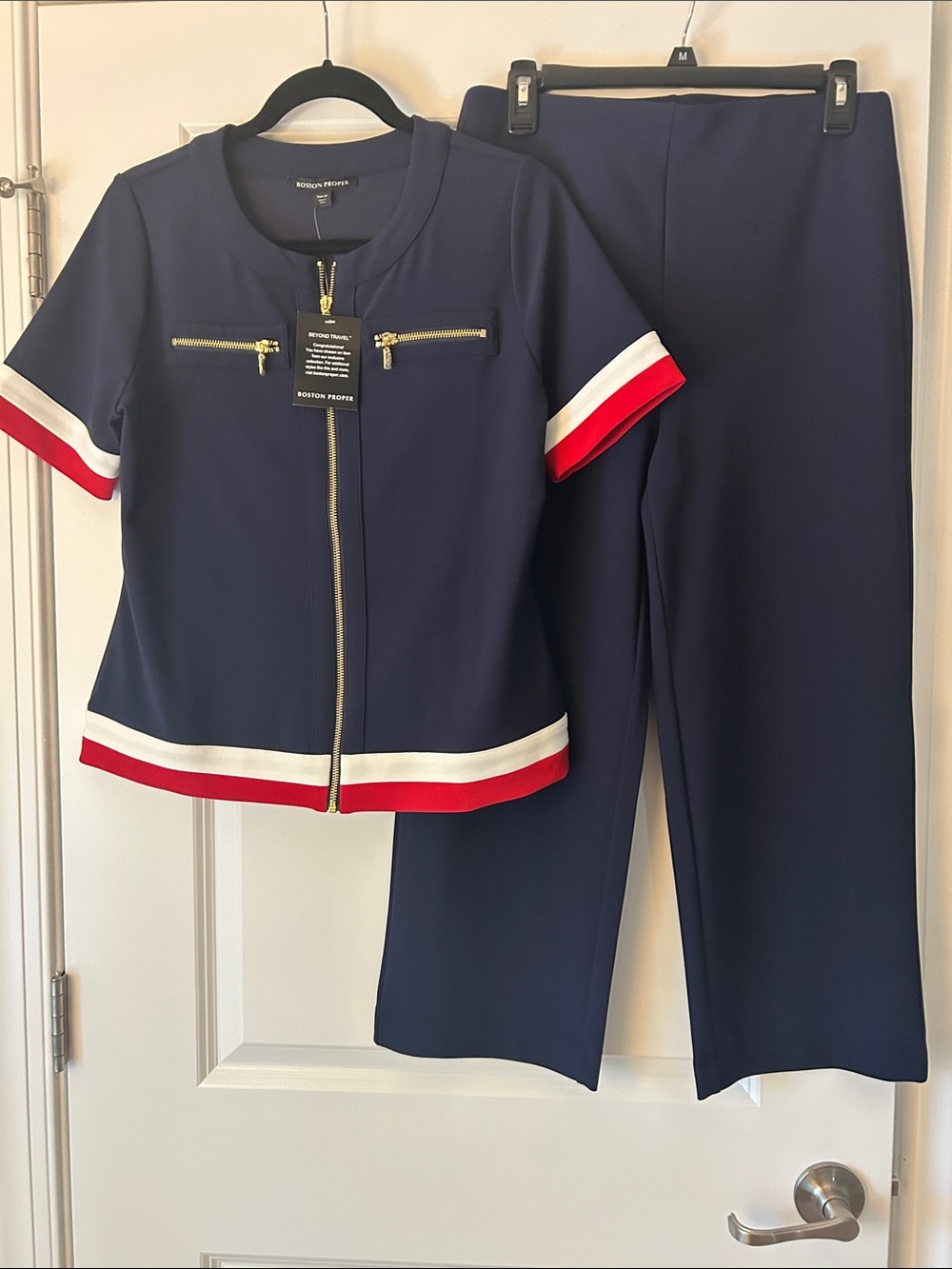 Boston Proper Navy Two-Piece Zip Front Pant Set with Red & White Trim